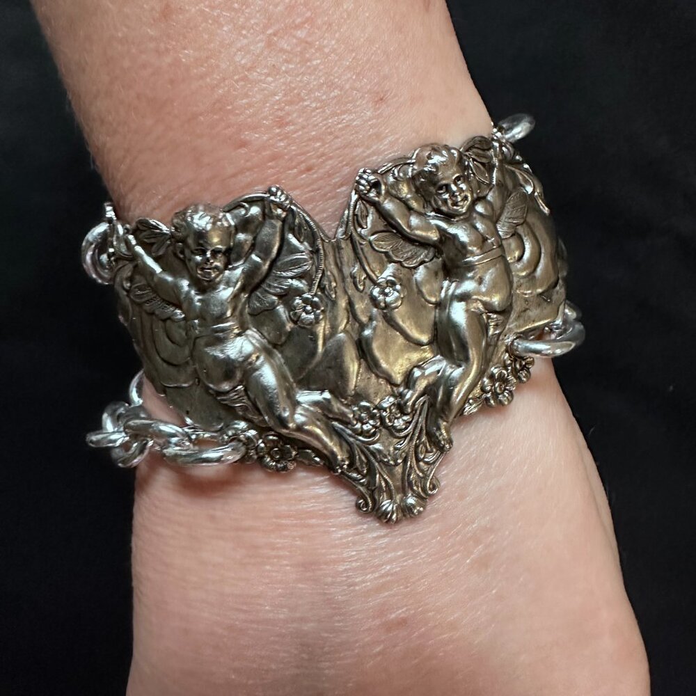 Cherub Angel Cuff Bracelet Victorian Silver Repoussé Cupid Angels Christmas Gift